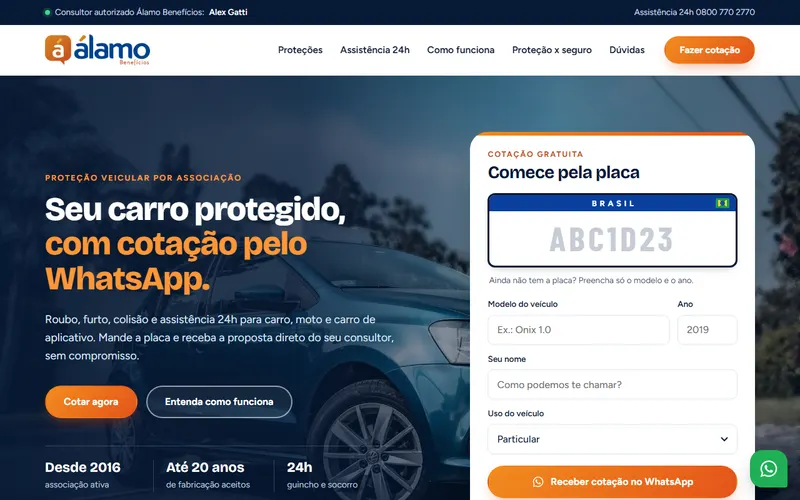 Landing de proteção veicular Álamo com cotação que começa pela placa do carro