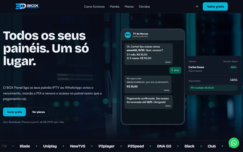 Página inicial do BOX Panel com conversa de WhatsApp mostrando aviso de vencimento e PIX