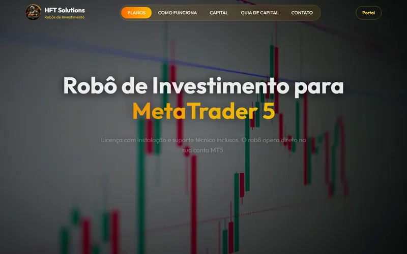 Site da HFT Solutions com título Robô de Investimento para MetaTrader 5